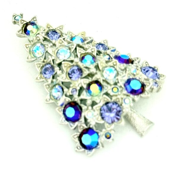 Vintage Christmas Tree Brooch/Pin Silver w/Shades of Blue/Purple Rhinestones - Picture 2 of 6
